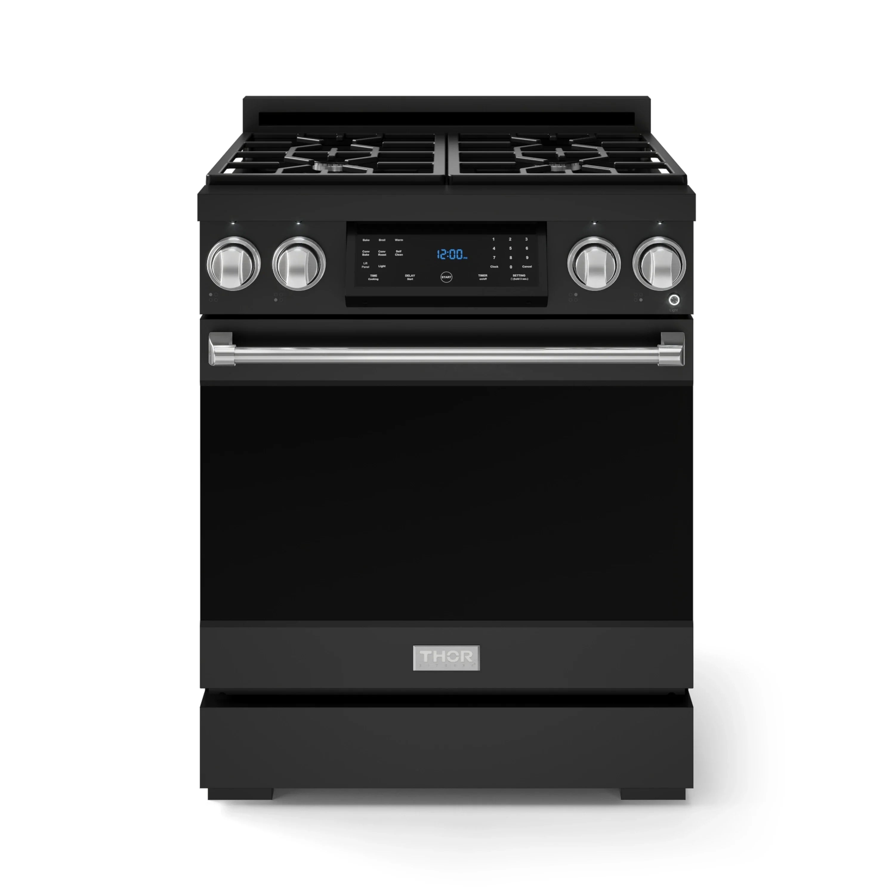 Black propane gas range with four-burner cooktop and stainless steel oven door handle
