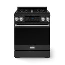 Black gas range with stainless oven handle, four burners, and tilt touch control