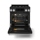 Black gas range with stainless trim, open self-clean oven and control panel