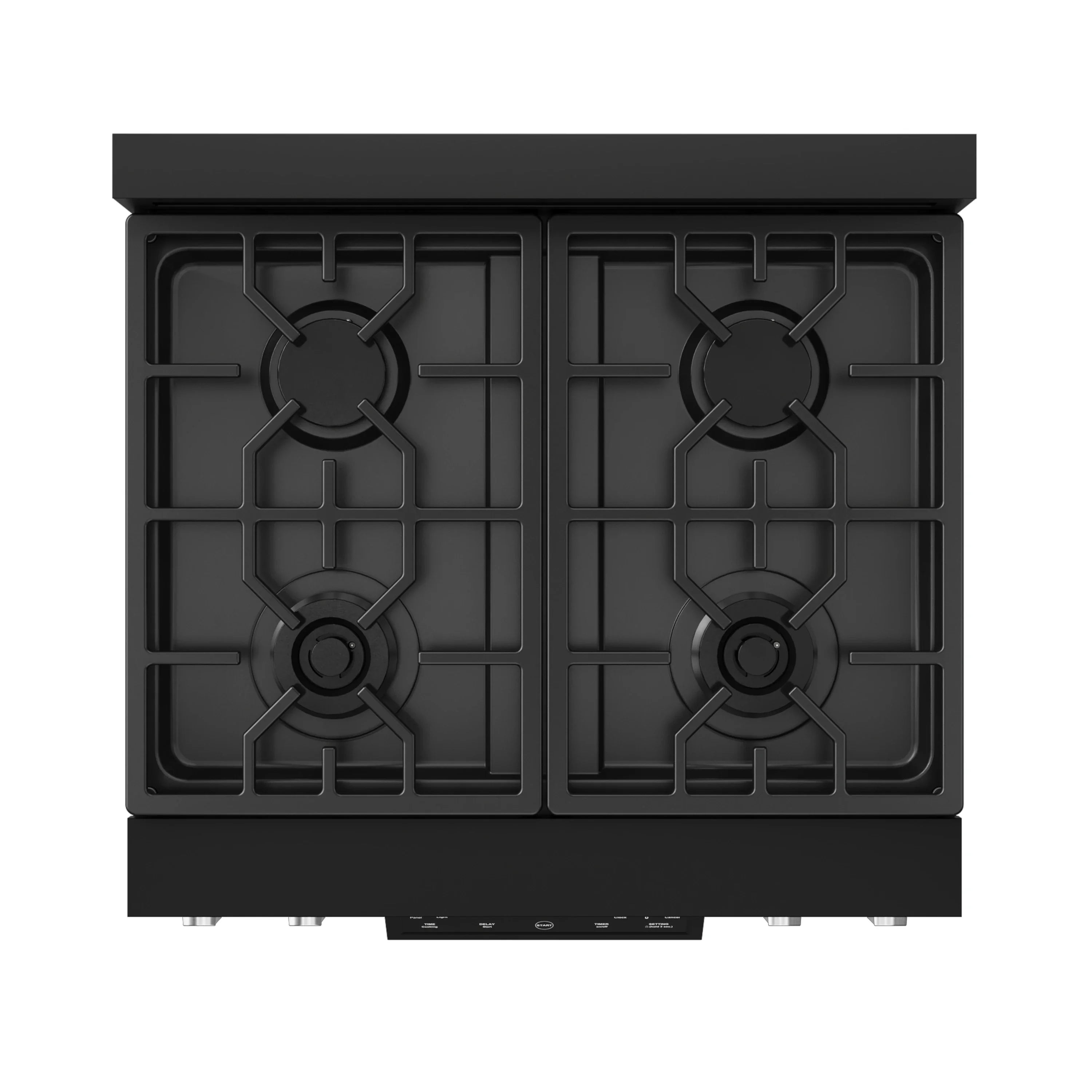 Black gas cooktop with four burners and cast grates