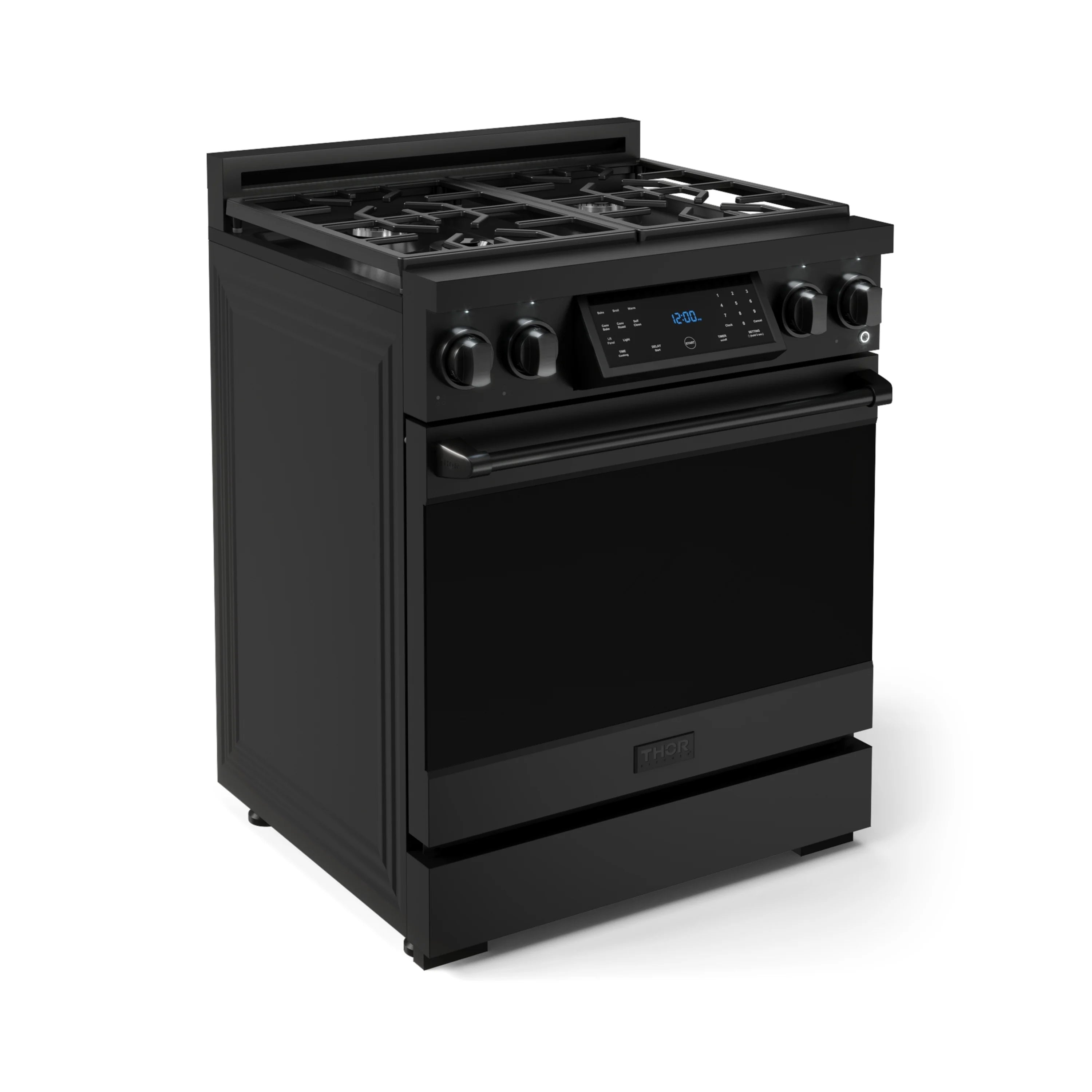Black gas range with tilt touch control panel and self-clean oven