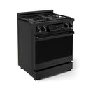Black gas range with tilt touch control panel and self-clean oven