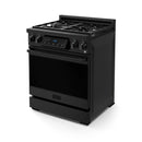 Black gas range with open-top burner grates and tilt touch control panel