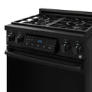Black gas range cooktop with cast-iron grates and central touch control panel