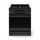 Black 30-inch gas range with four burner grates and tilt touch control display