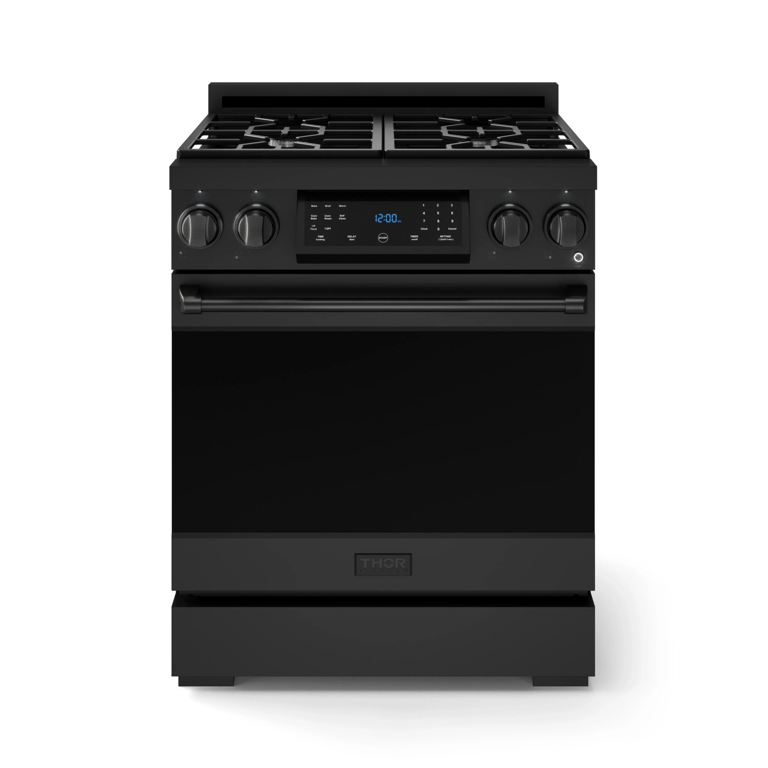 Black 30-inch gas range with front control panel, grates, and closed oven door