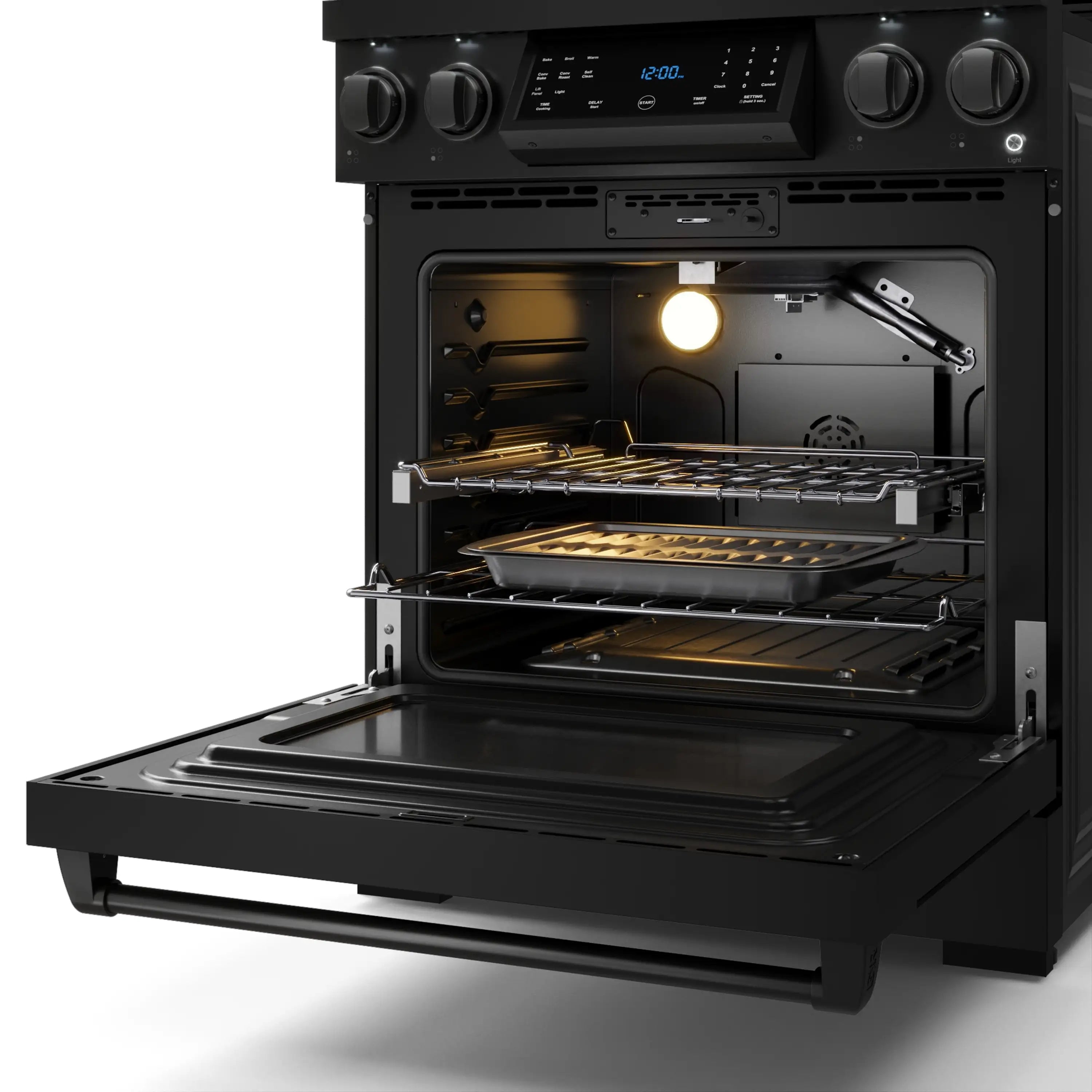 Open black oven with lit interior, cooking racks, and gas broiler area