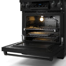 Open black oven with lit interior, cooking racks, and gas broiler area