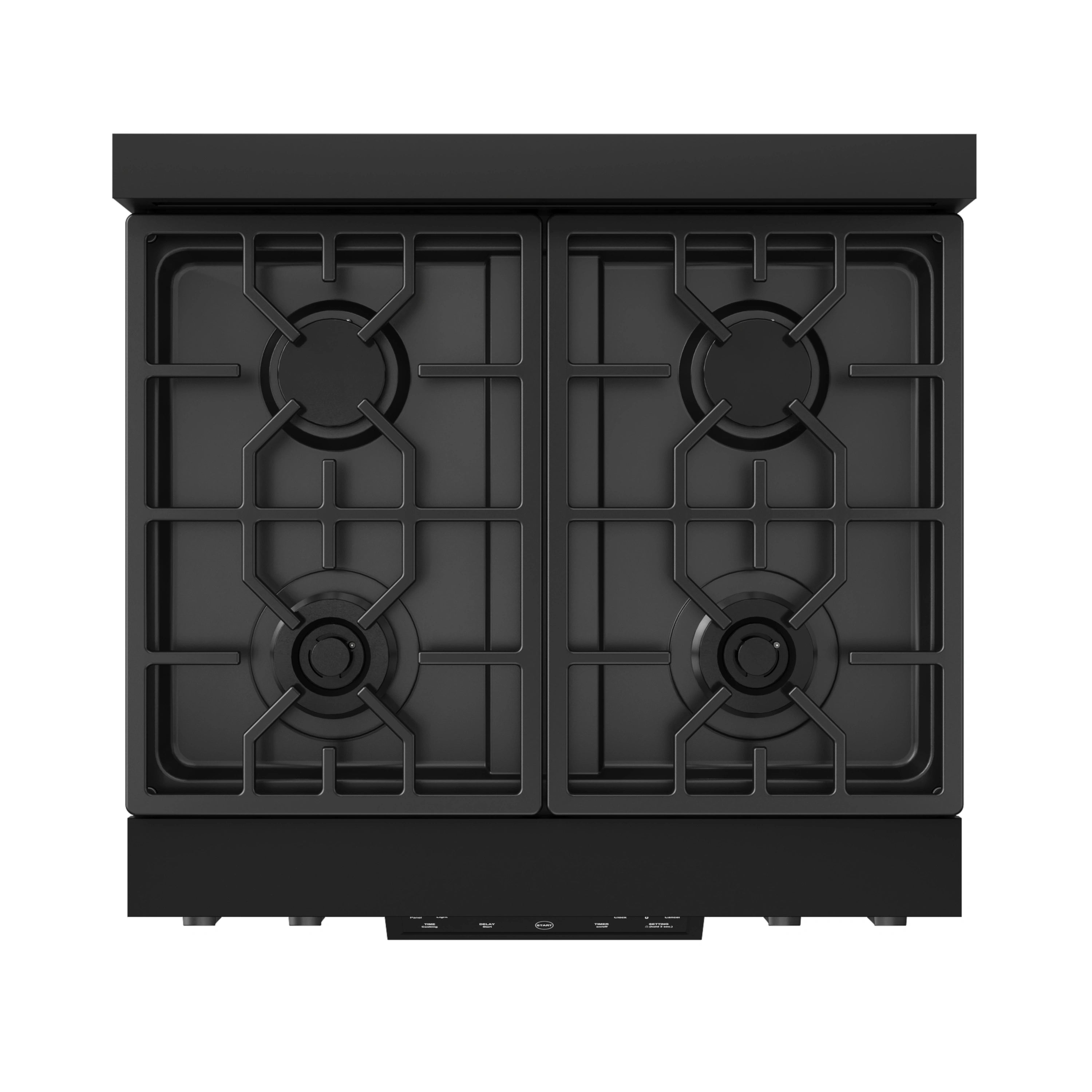 Black gas cooktop with four burner grates and recessed control bezel