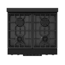 Black gas cooktop with four burner grates and recessed control bezel
