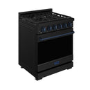 Black gas range with blue trim, control knobs, and oven door with Thor logo