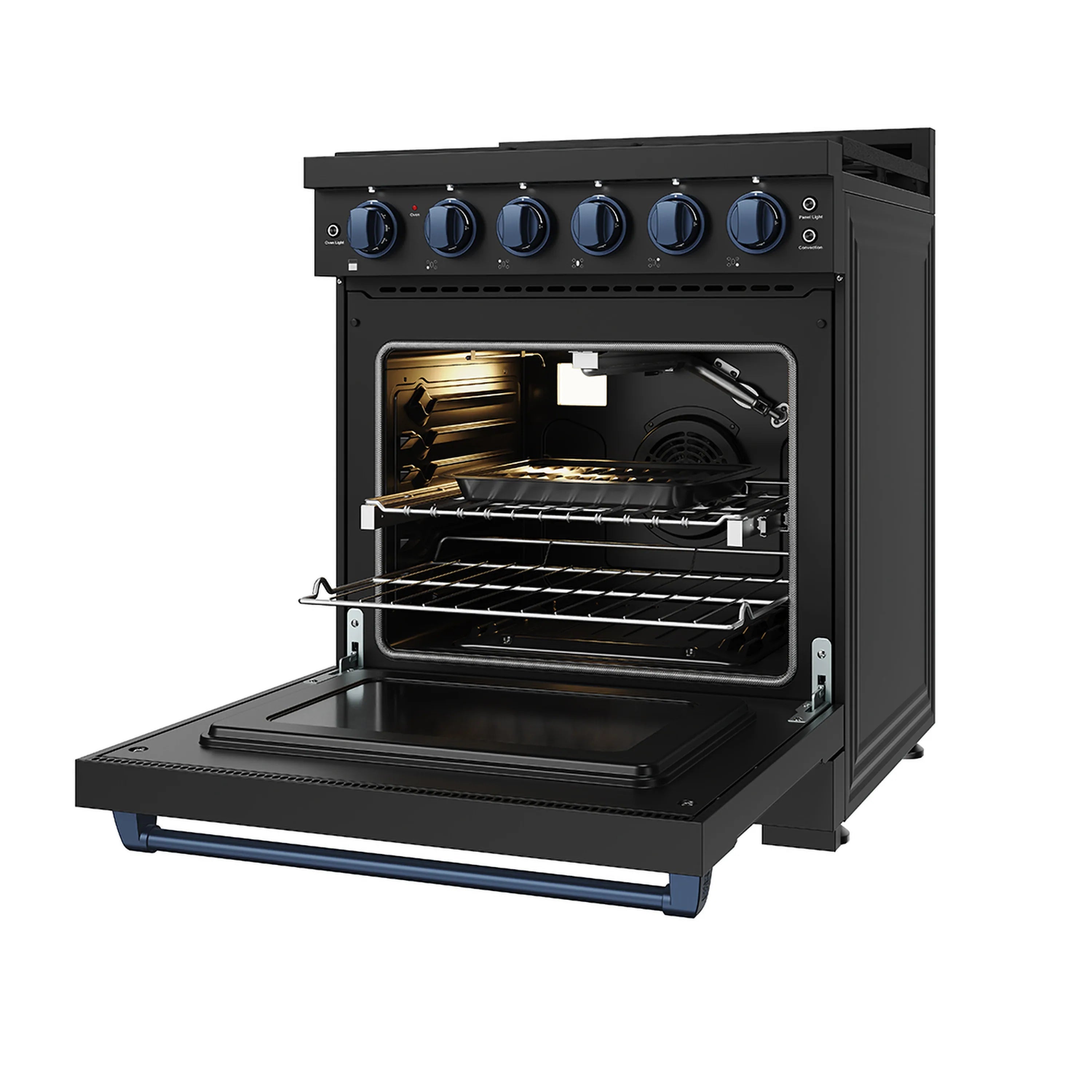 Black 30-inch gas range with blue control knobs, open oven door and wire racks