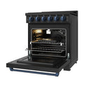 Black gas range with oven door open and bottom rack in view, blue-trim handle