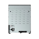 Underside panel of black gas range with vents and mounting screws
