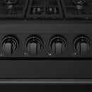 Black gas range with four precision control knobs and burner markings