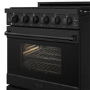 Black professional gas range control panel with six precision knobs and cooktop burners