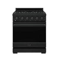 Black 30-inch gas range with six front burner knobs and oven door