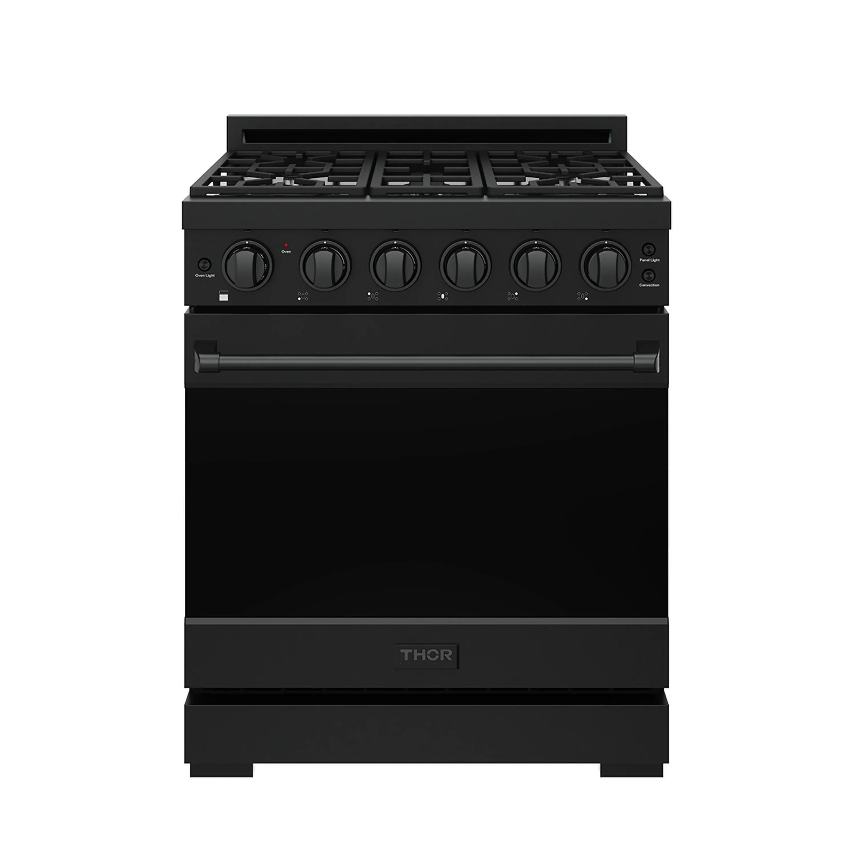 Black propane gas range with front control knobs and closed oven door