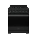 Black 30-inch gas range with six front burner knobs and oven door