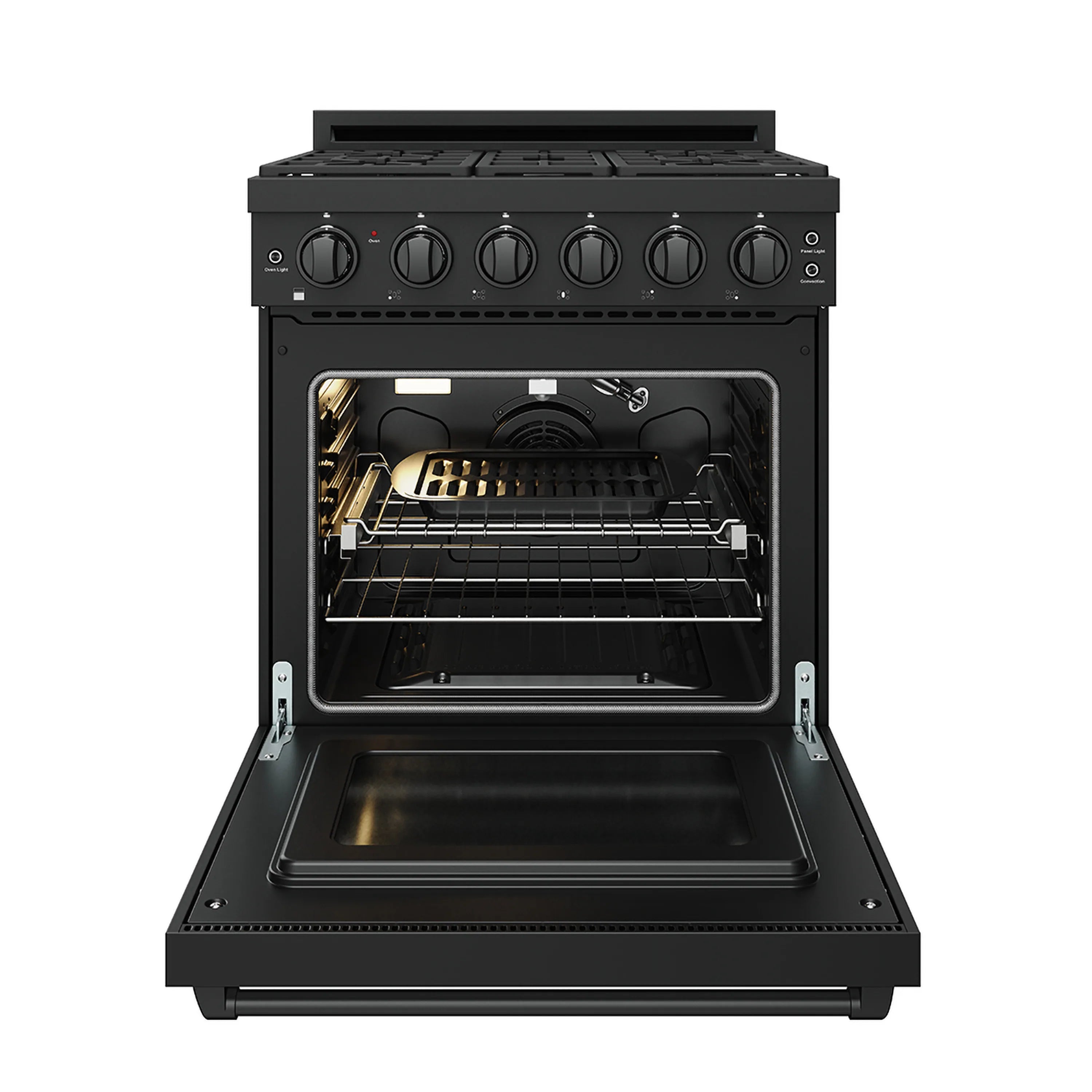 Black gas range with open oven door, wire rack, and illuminated rear burner area