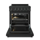 Black gas range with open oven door, wire rack, and illuminated rear burner area