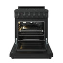 Black gas oven interior with racks and broil/bake compartment visible through open door
