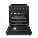 Black gas range with open oven door, wire rack, and lit oven interior