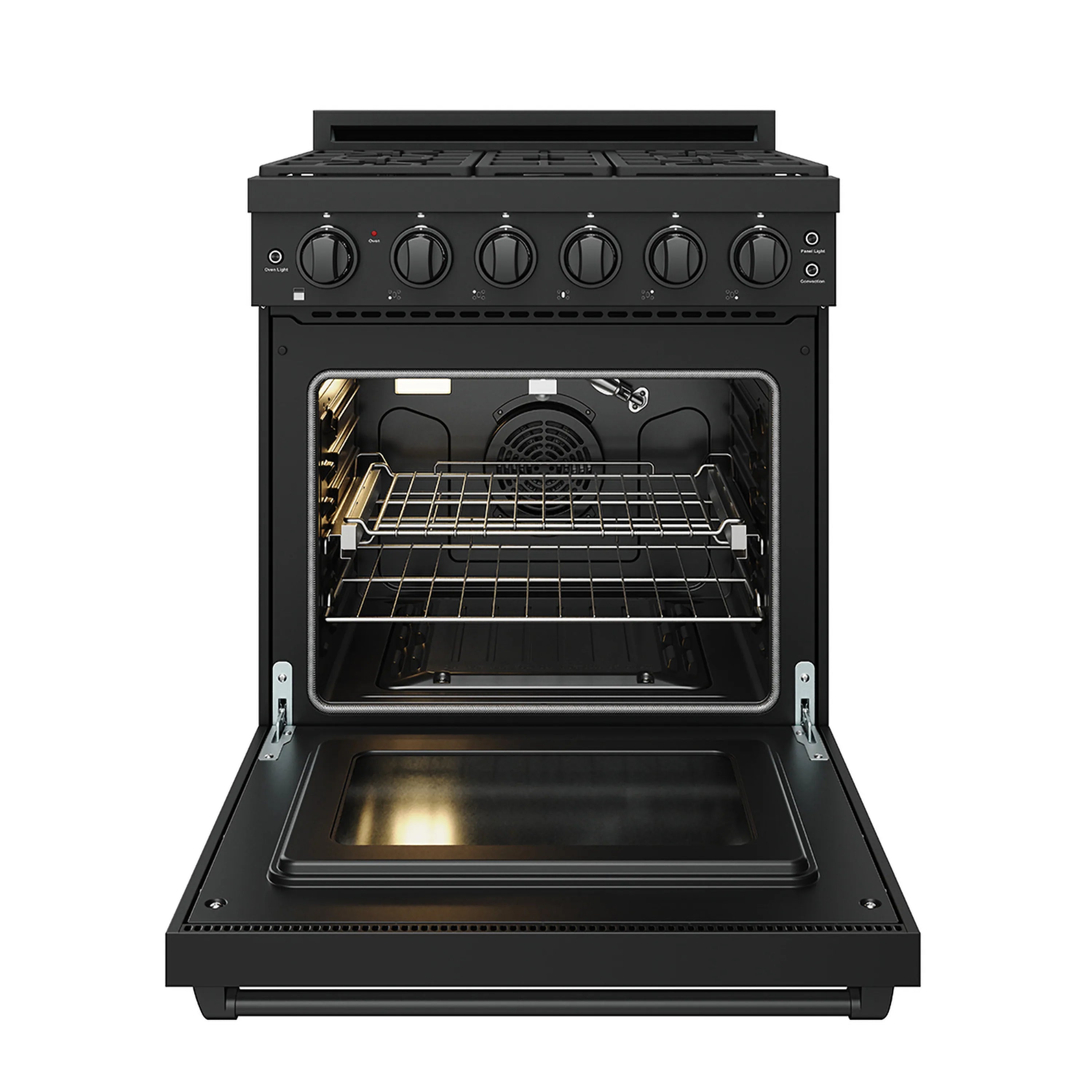 Black gas range with oven door open, visible rack and heating interior fan