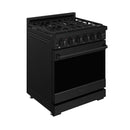 Black 30-inch gas range angled view with top grates and front oven handle