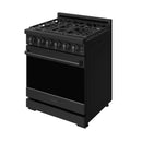 Black 30-inch gas range side view with control knobs and front oven door