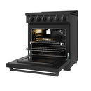 Black gas range with open oven door and wire rack inside