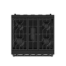Black gas cooktop with four burners and cast-iron grate sections