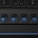 Black professional gas range with blue-trim control knobs along the front panel