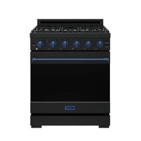 Black 30-inch gas range with blue control knobs, front view with sealed oven door