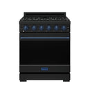 Black 30-inch gas range with blue control knobs, front view with sealed oven door