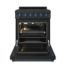 Black gas range with blue control knobs and open oven, showing cooktop and rack area