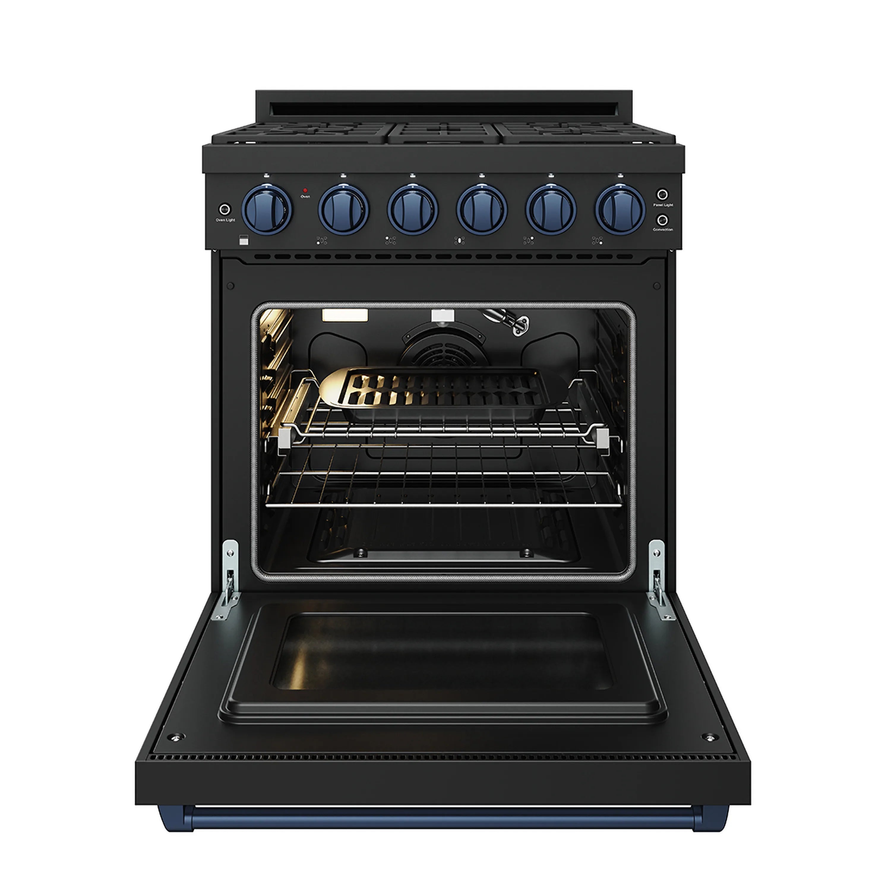 Black gas range with oven door open, broiler area and wire rack inside