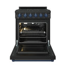 Black gas range with oven door open, broiler area and wire rack inside