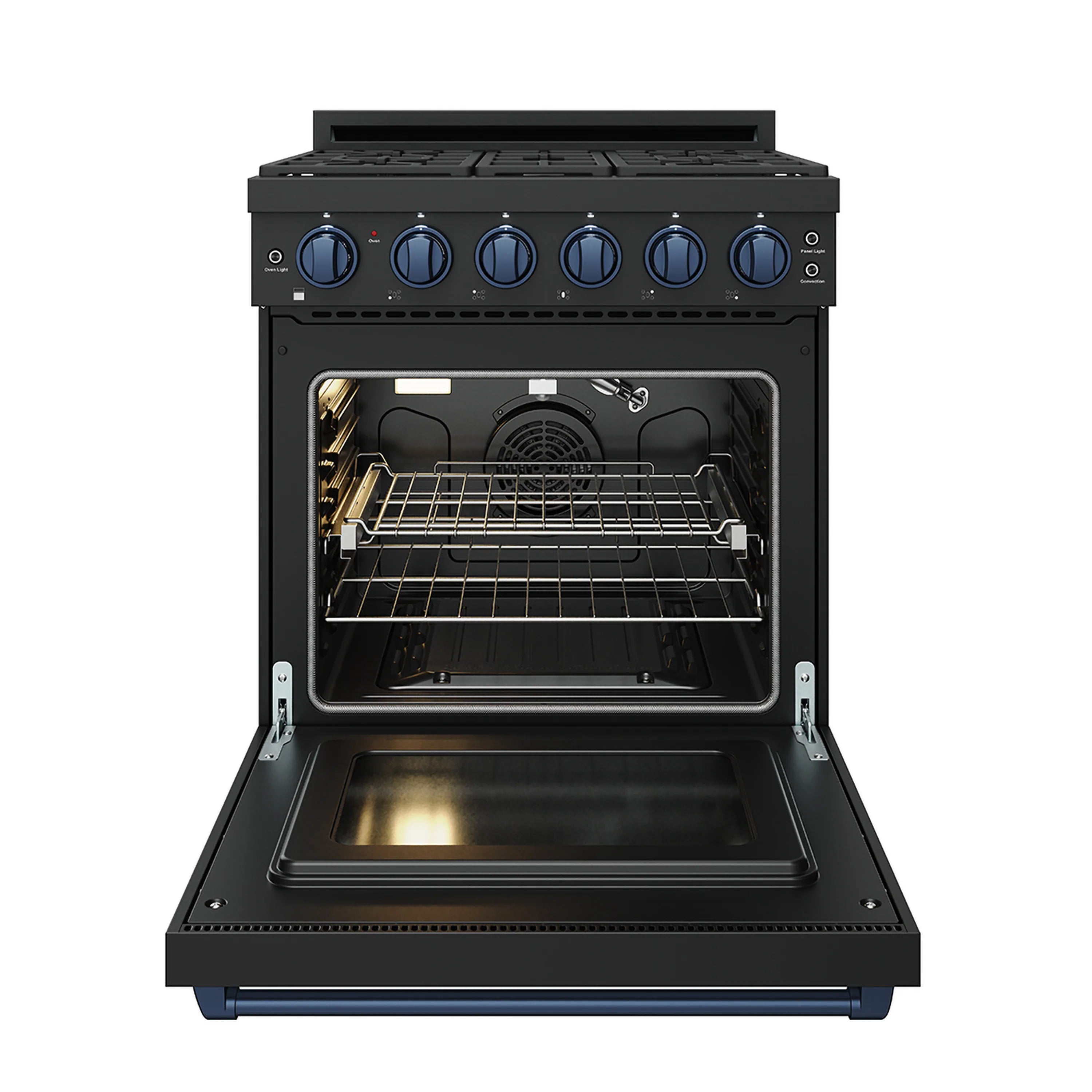 Black gas range with blue knobs, open oven with wire rack and warm interior light