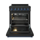 Black gas range with oven door open, interior racks and fan visible