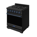 Black 30-inch gas range with blue-trim handle and side view of control knobs