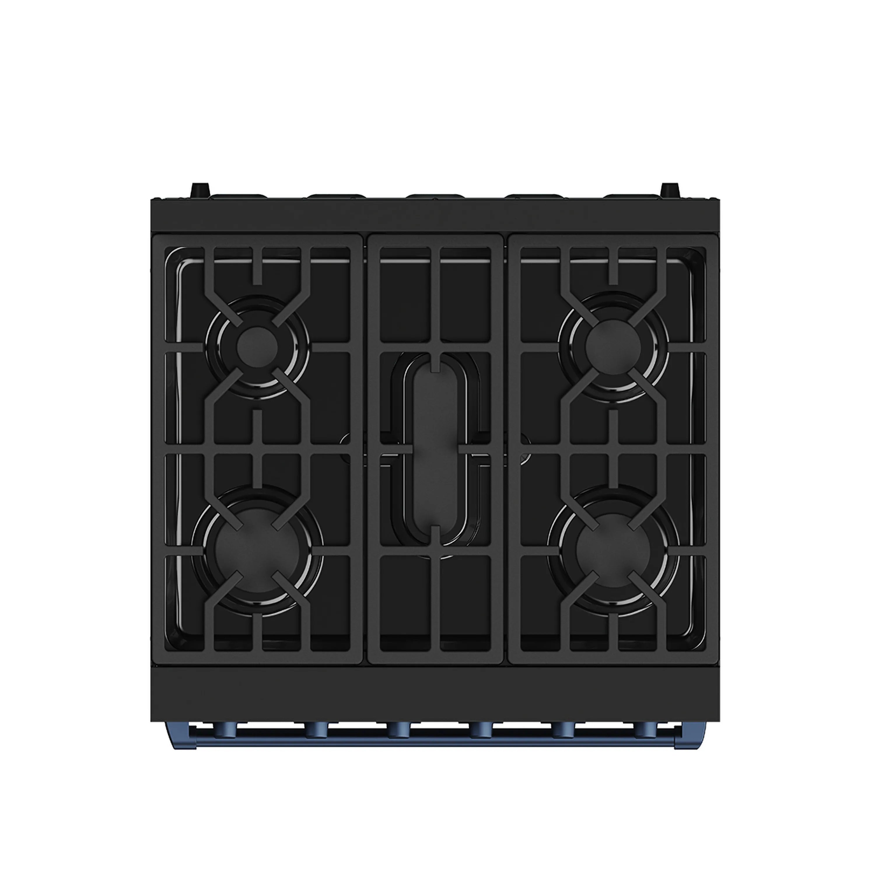 Black gas range cooktop with four burner grates and center control area