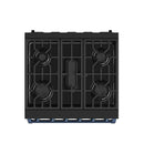 Black gas range cooktop with four burner grates and center control area