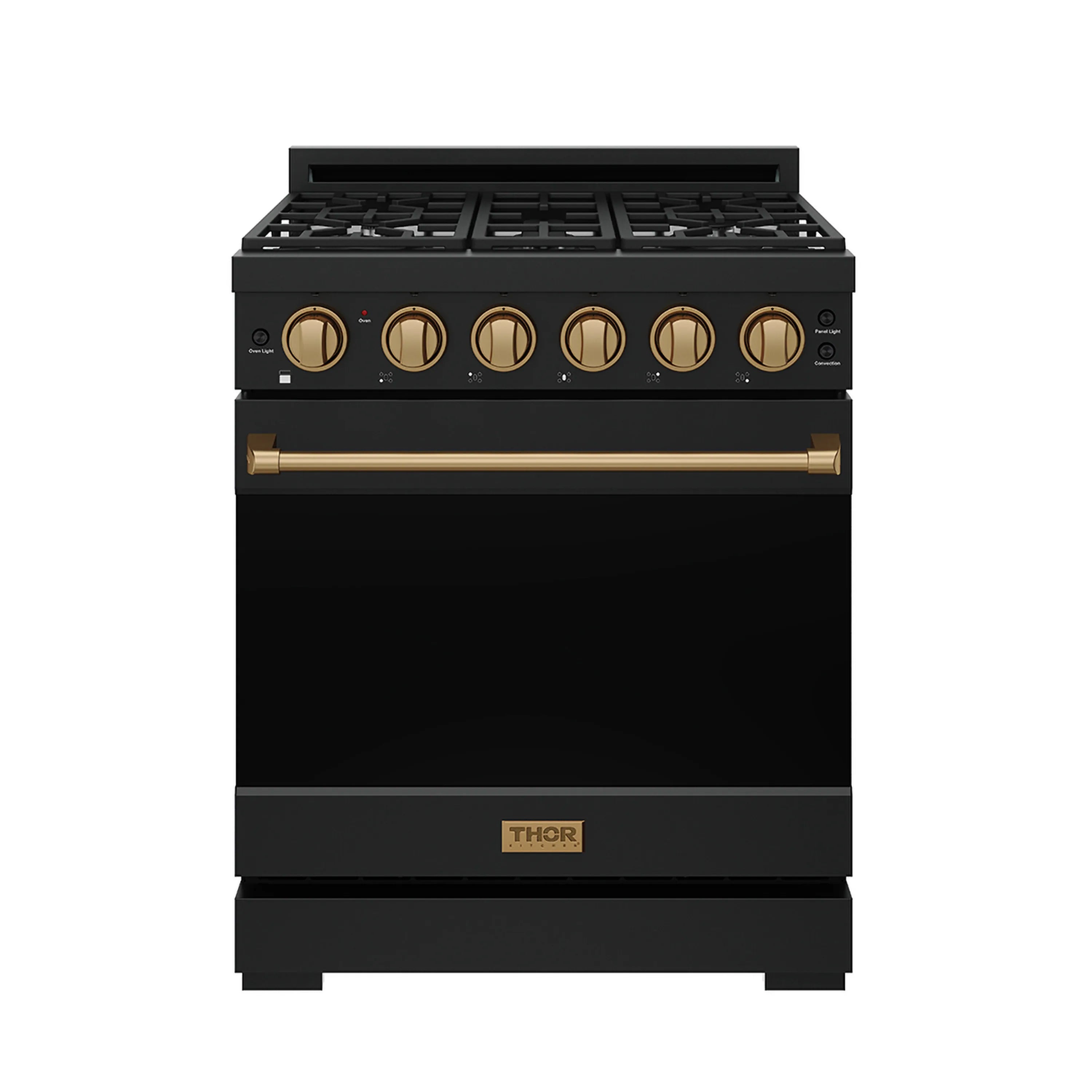 Black gas range front view with six bronze knobs and center control panel