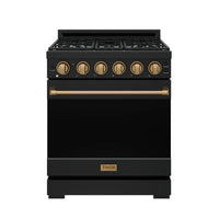 Black gas range with six bronze control knobs and bronze handle on oven door