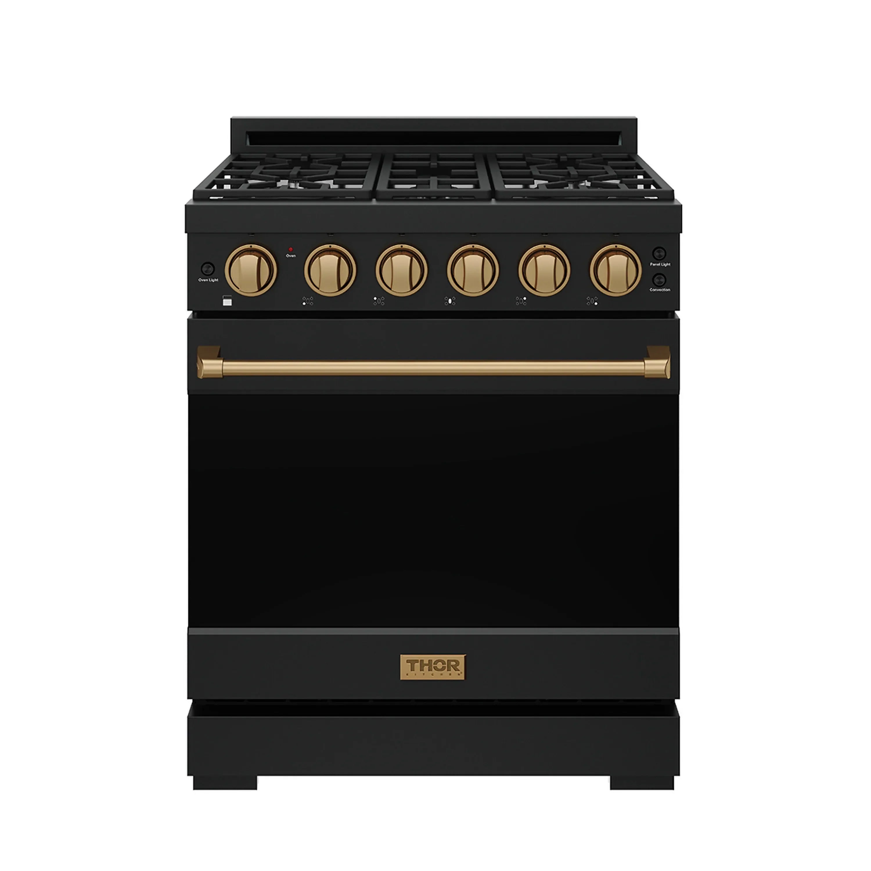 Black propane gas range front view with bronze knobs and horizontal bronze handle