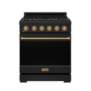Black gas range front view with six bronze knobs and center control panel