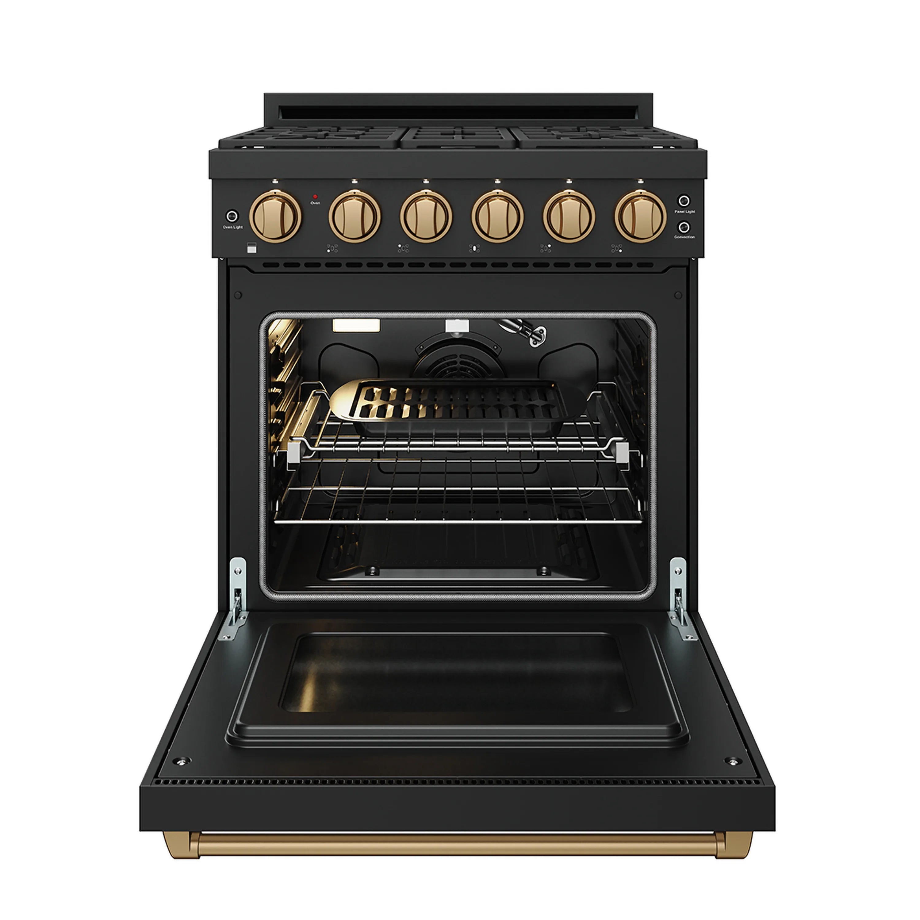 Black gas range oven open, showing heating area, racks, and fan inside