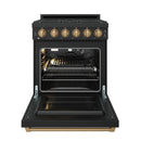 Black gas range oven open, showing heating area, racks, and fan inside