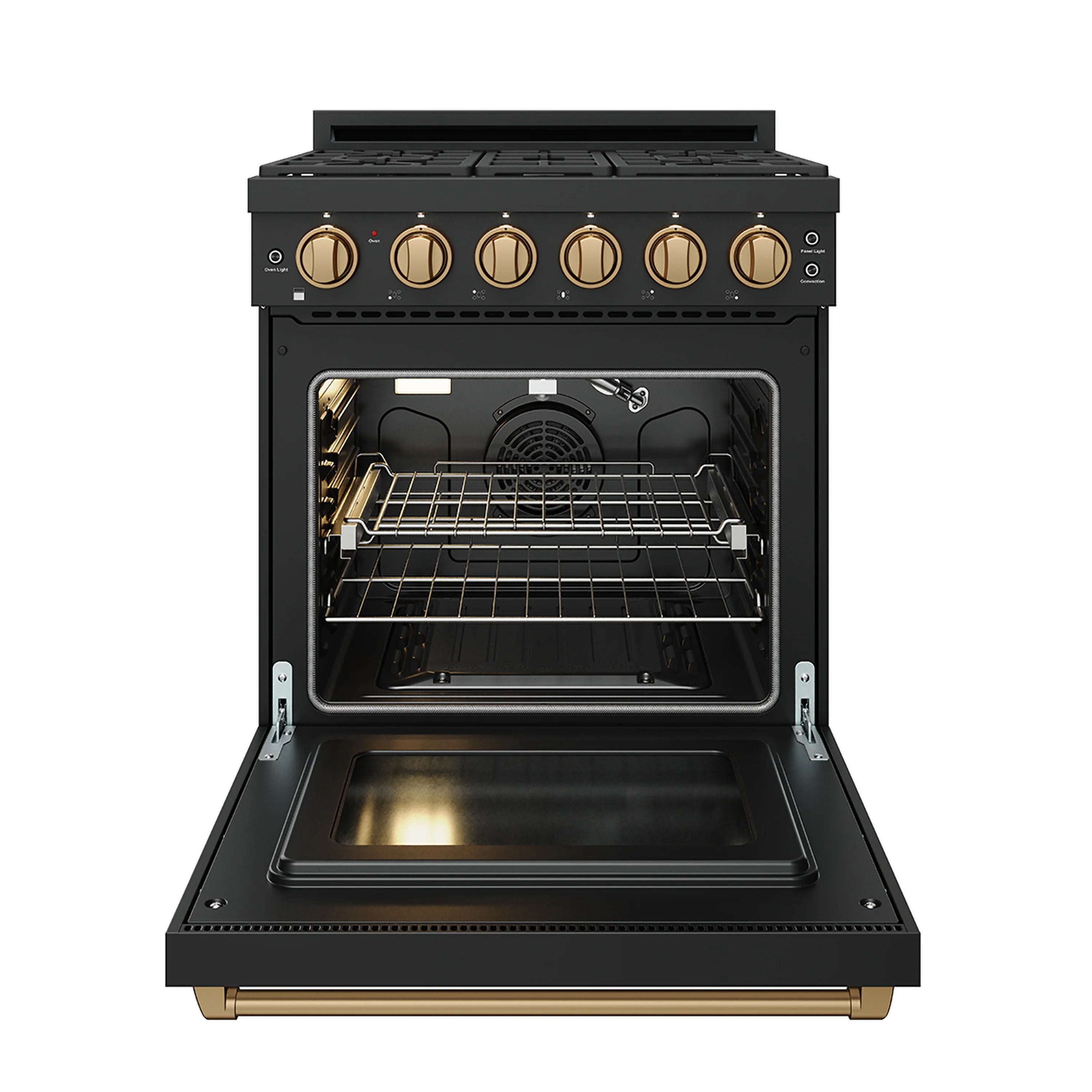 Black gas range oven open with visible racks and black fan housing inside